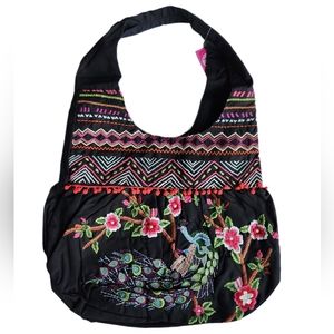 Buckhead Betties Tote Bag | Embroidered Peacock Floral on Black Cotton NWT